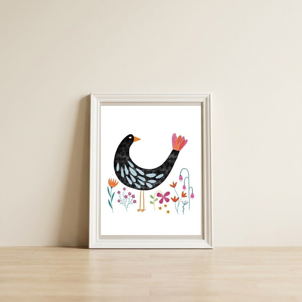 Bird with a Fancy Tail — framed, leaning against the wall
