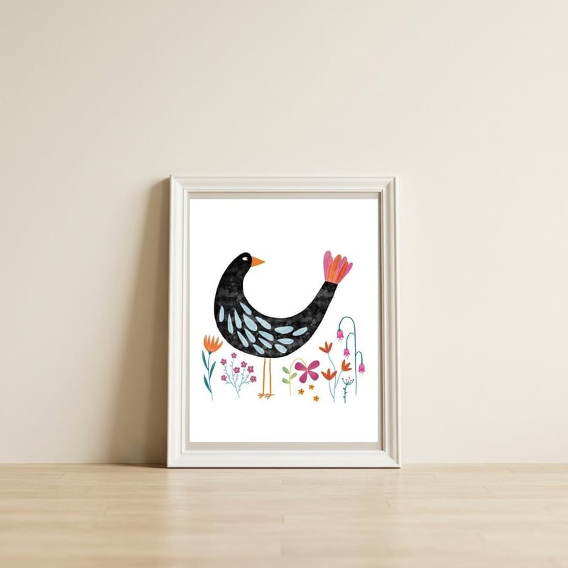 Bird with a Fancy Tail — framed, leaning against the wall