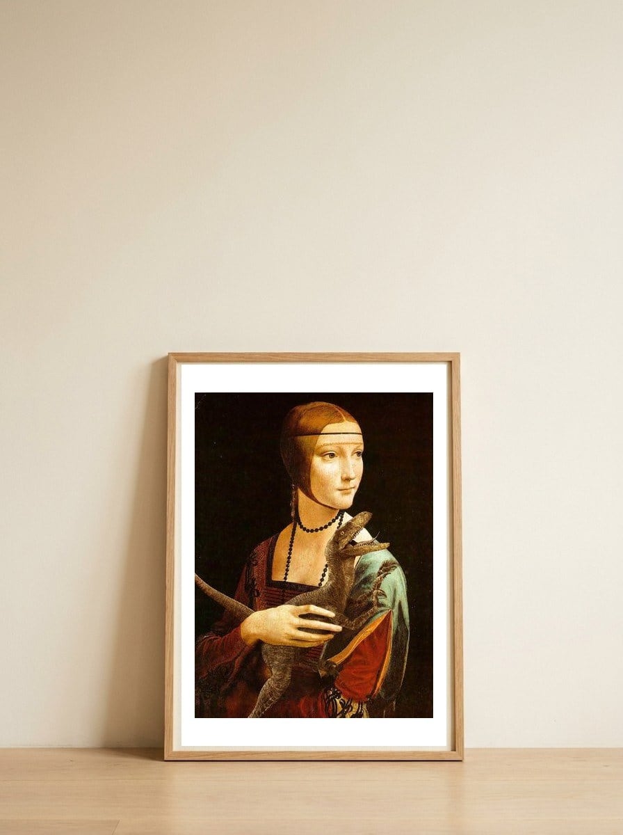 Lady With A Velociraptor — framed, leaning against the wall