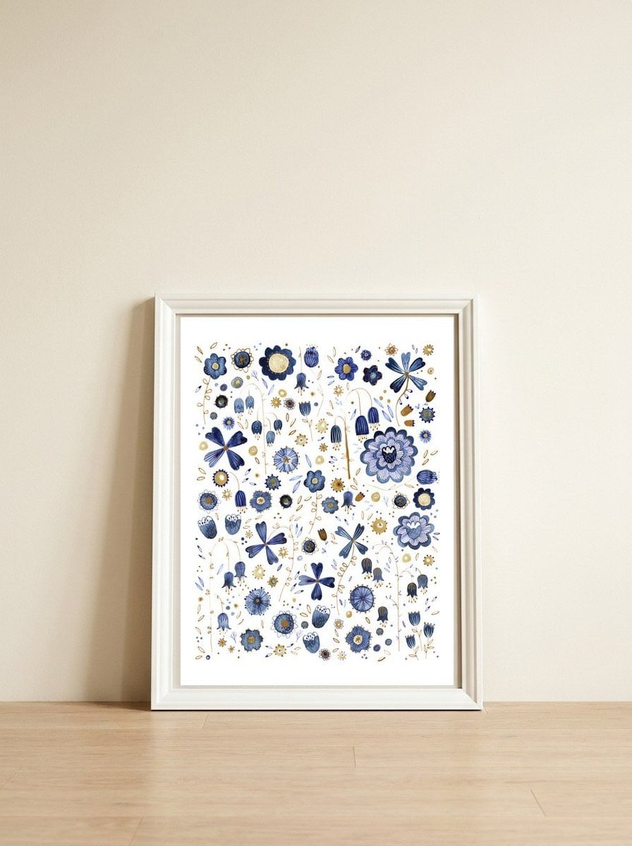 Indigo Flower Mashup — framed, leaning against the wall