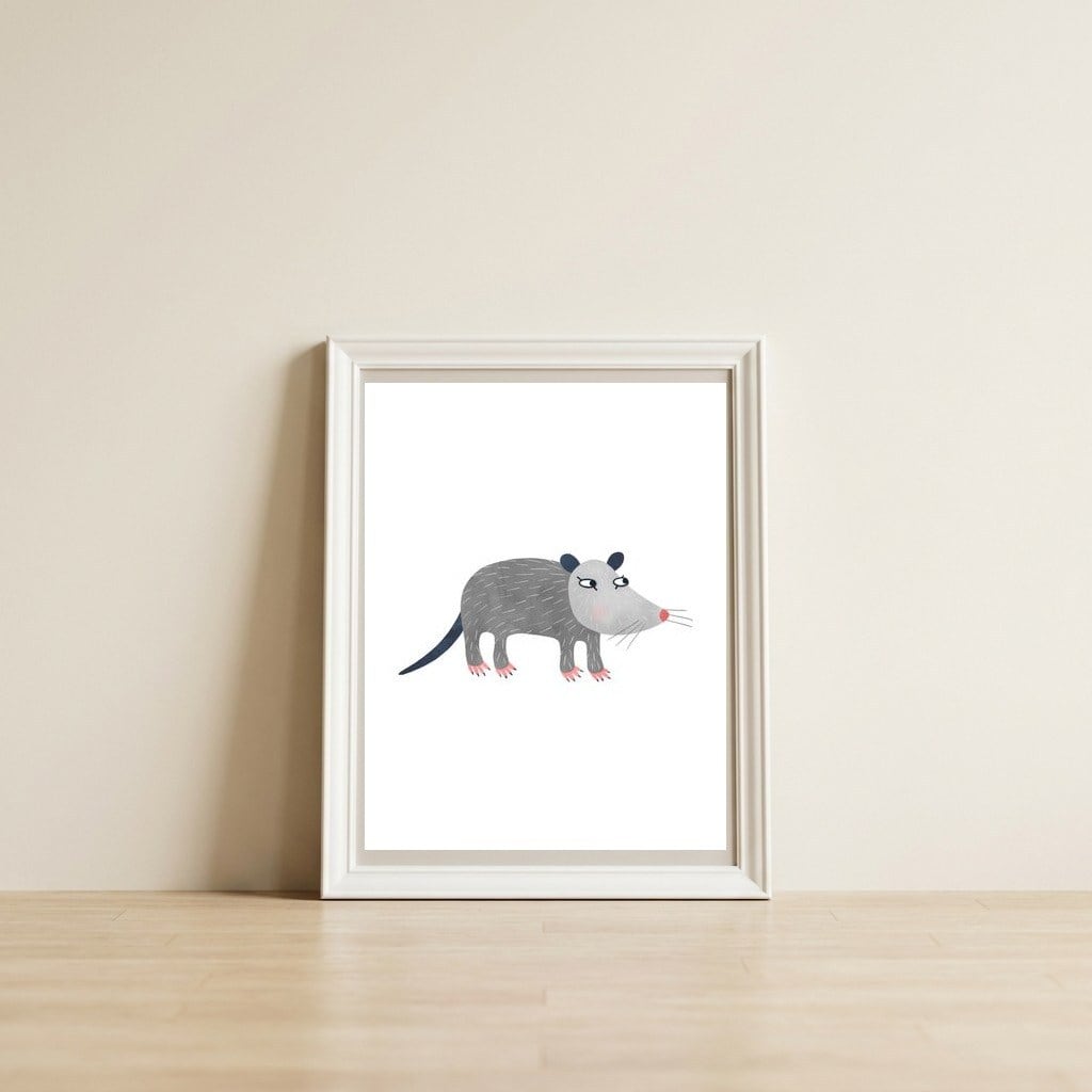 Possum — framed, leaning against the wall