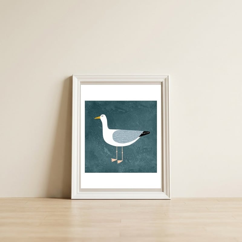 Seagull — framed, leaning against the wall