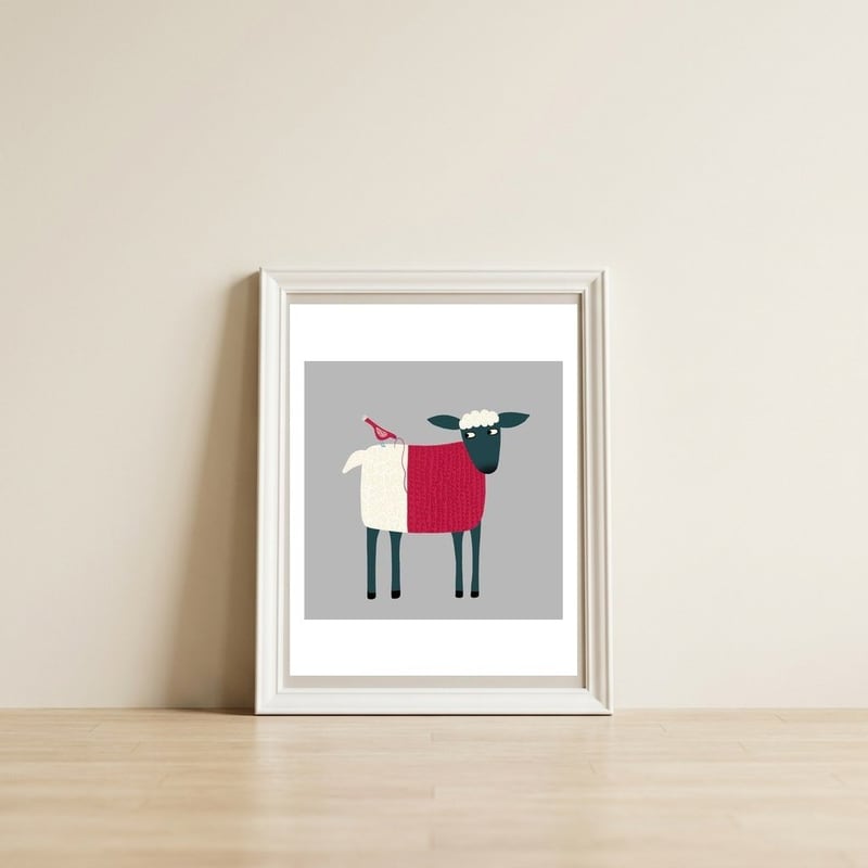 Sheepish — framed, leaning against the wall