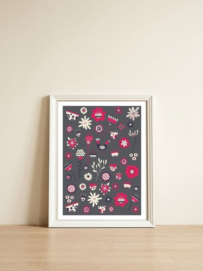 Spring Folk Floral Grey — framed, leaning against the wall
