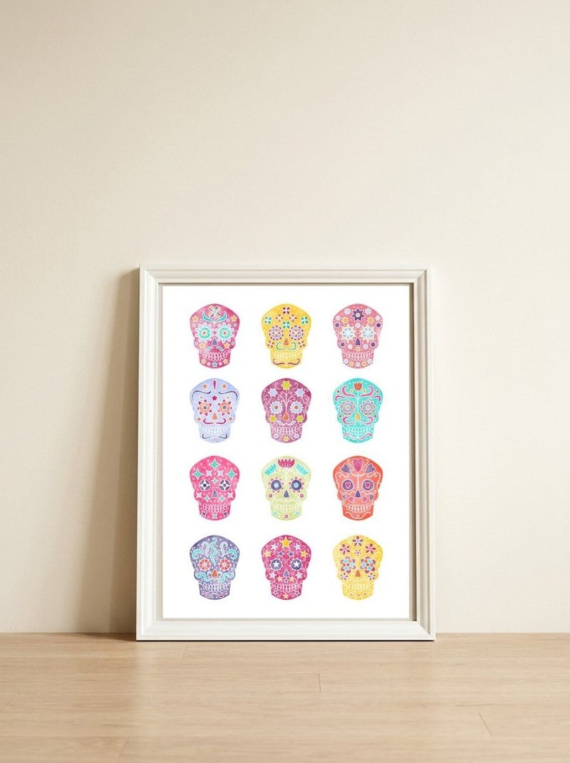 Watercolour Sugar Skulls — framed, leaning against the wall