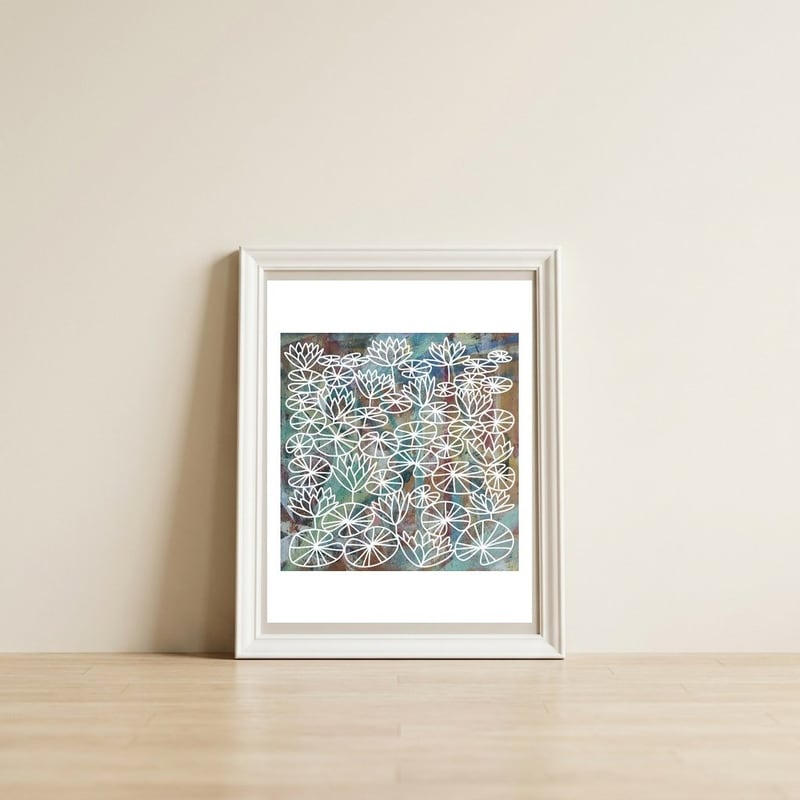 Waterlilies — framed, leaning against the wall