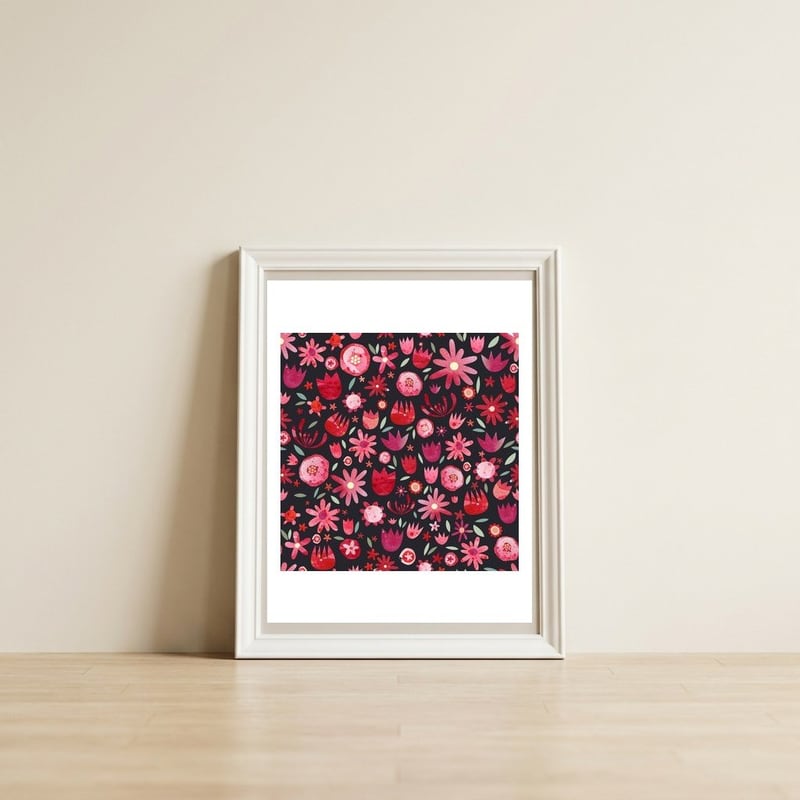 Summer Flower Circle Dark — framed, leaning against the wall