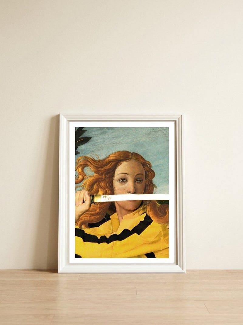 Venus of Sandro Botticelli and Beatrix Kiddo from Kill Bill — framed, leaning against the wall