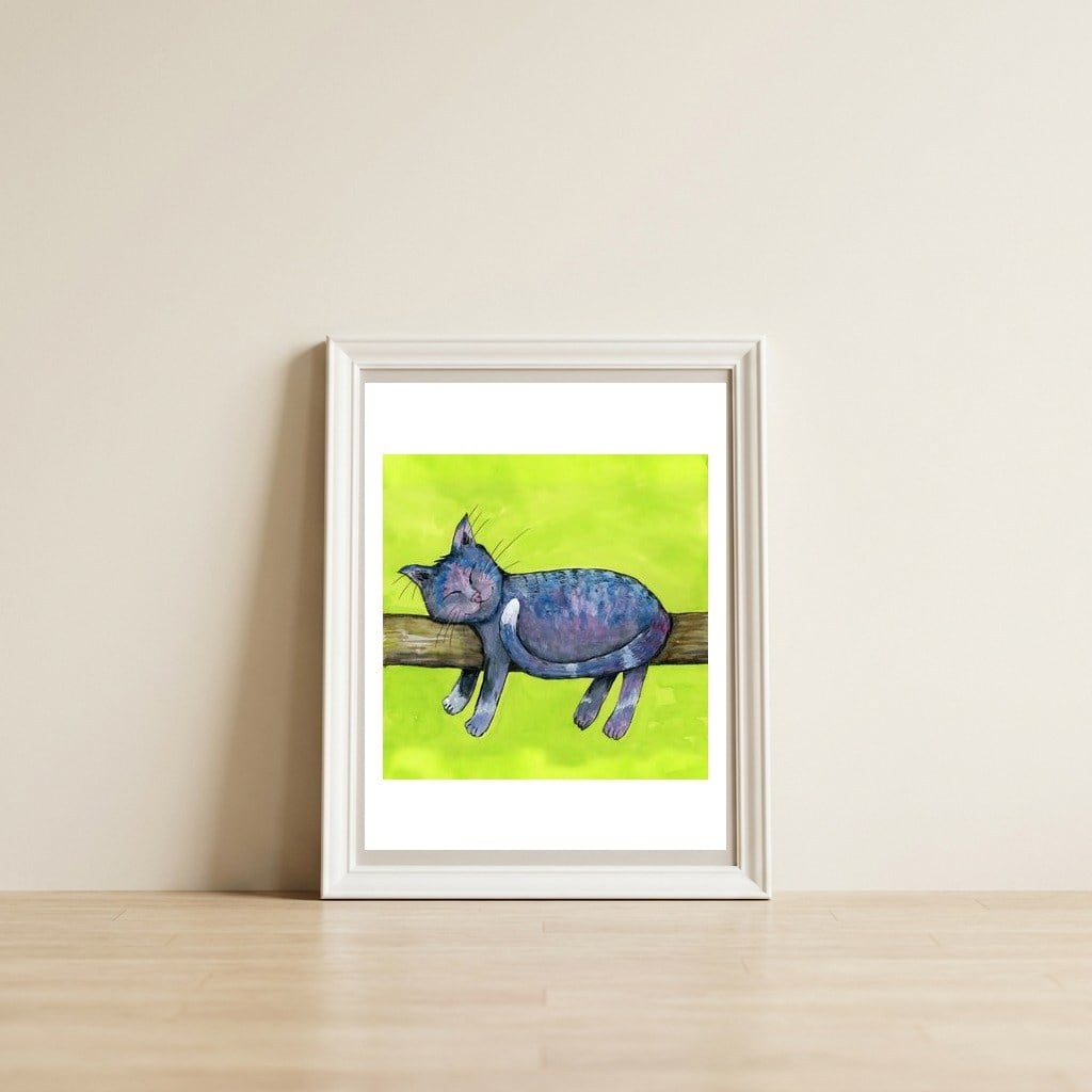 Sleeping cat in purpe — framed, leaning against the wall