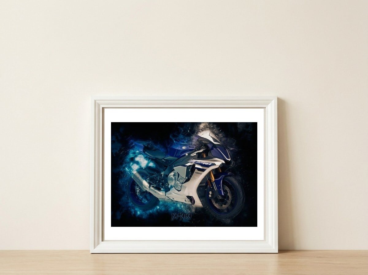 Yamaha R1 — framed, leaning against the wall
