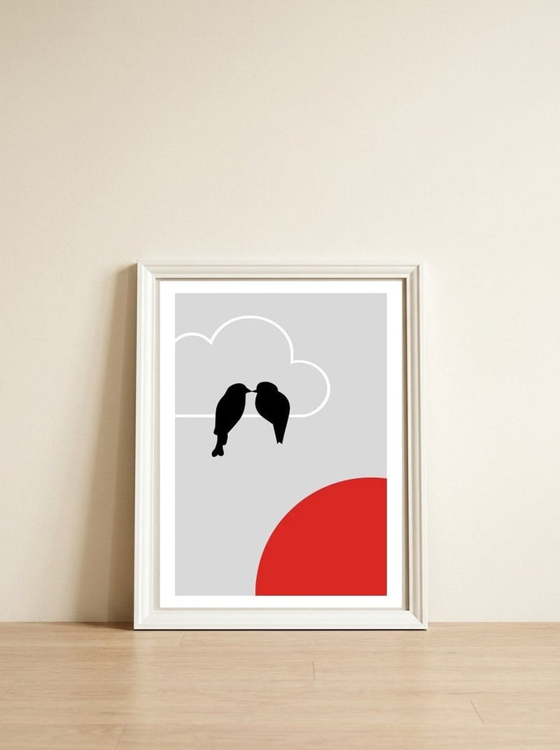 KISSING SUNSET — framed, leaning against the wall
