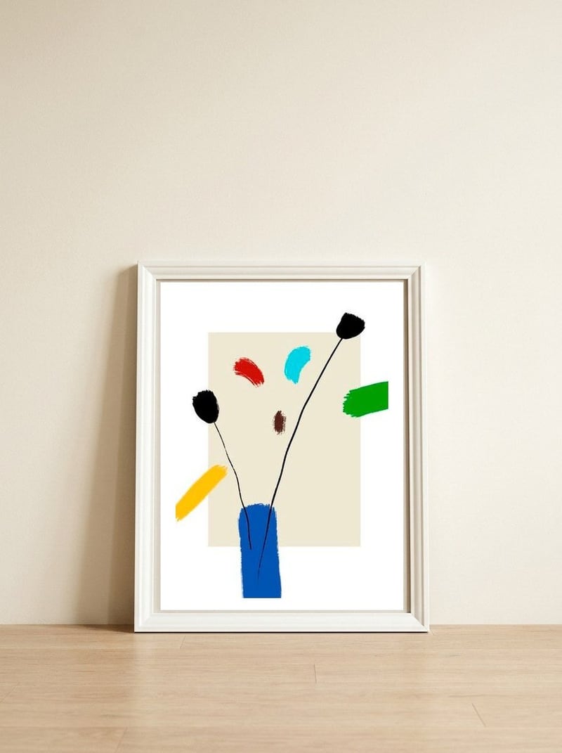 HAPPY FLOWERS — framed, leaning against the wall