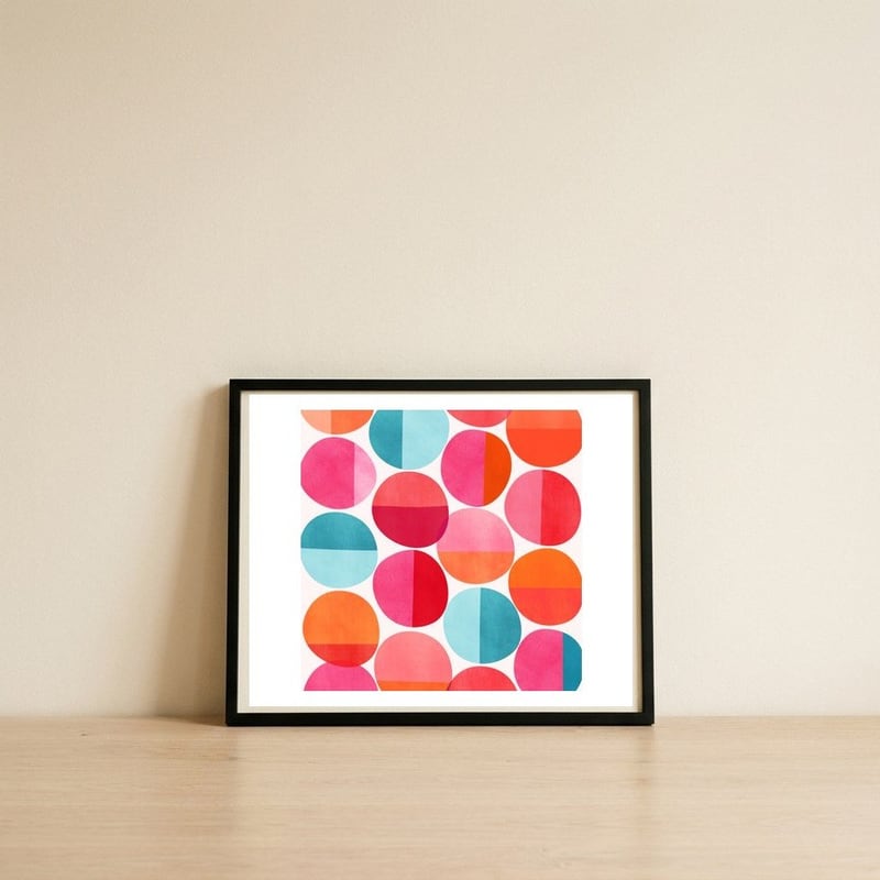 Mid Century Pink and Orange Dots — framed, leaning against the wall