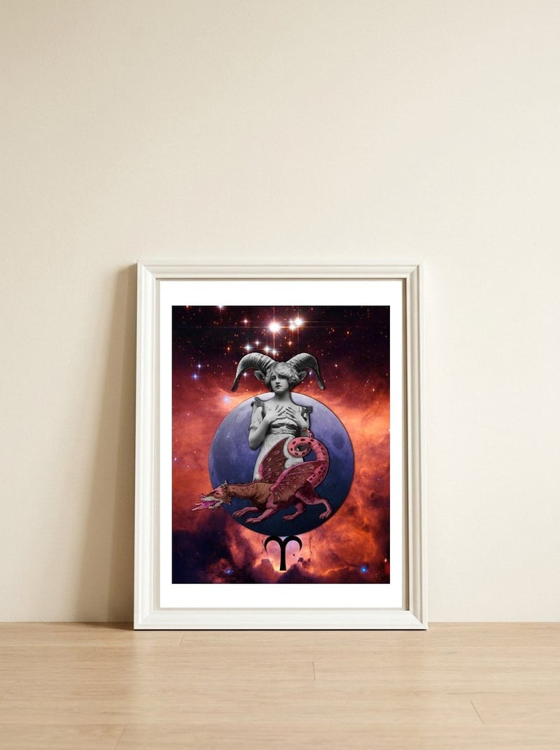 Aries Zodiac Sign — framed, leaning against the wall