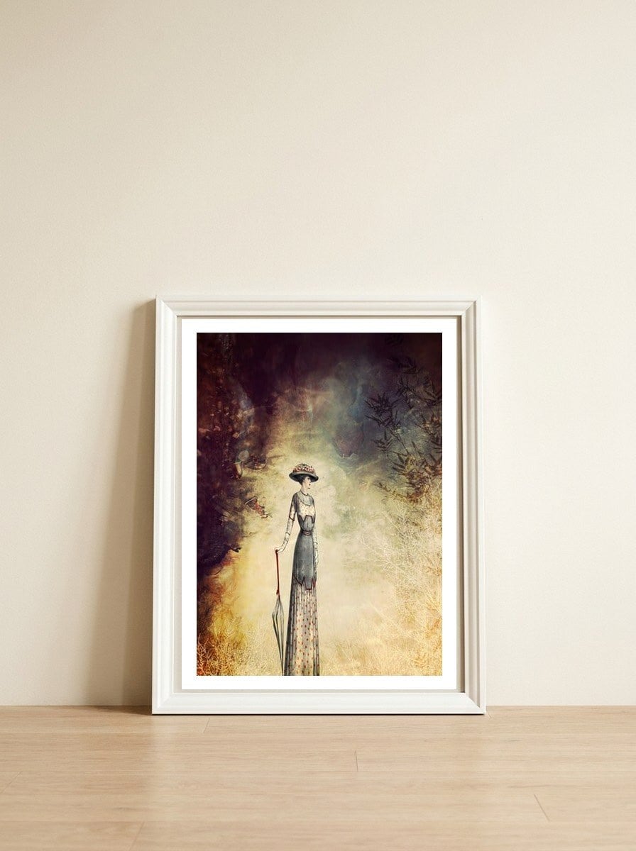 VINTAGE FASHION LADY IN ABSTRACT FOREST I — framed, leaning against the wall