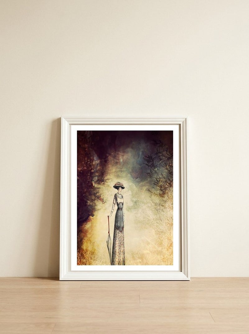 VINTAGE FASHION LADY IN ABSTRACT FOREST I — framed, leaning against the wall