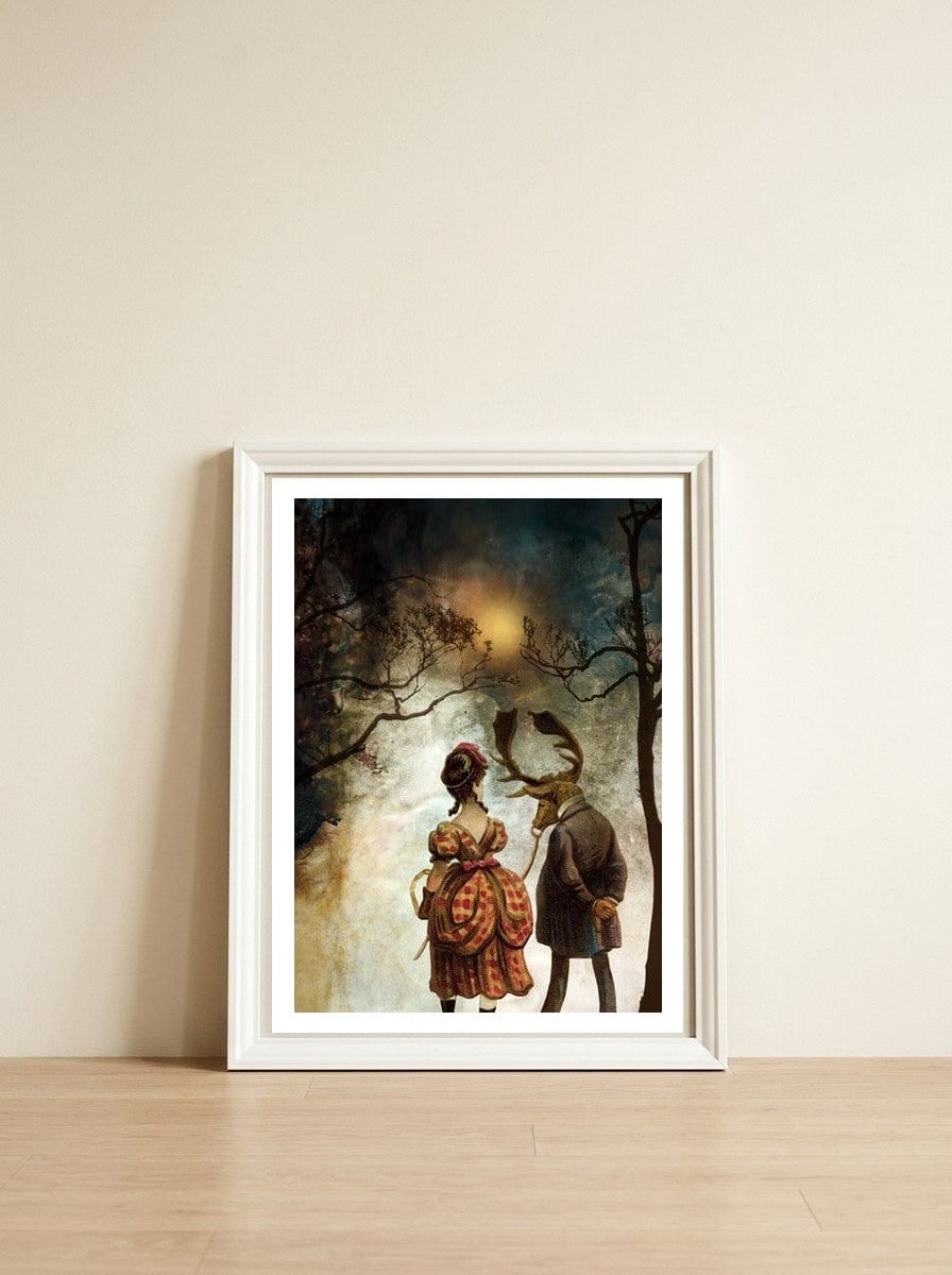 VINTAGE COUPLE IN AUTUMNAL ABSTRACT FOREST  II — framed, leaning against the wall