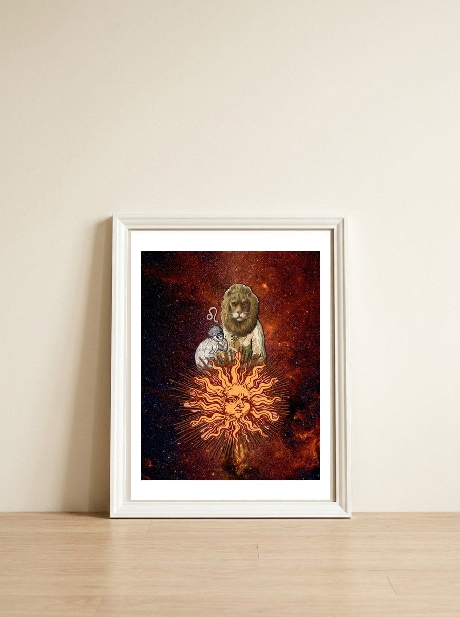Leo Zodiac Sign — framed, leaning against the wall