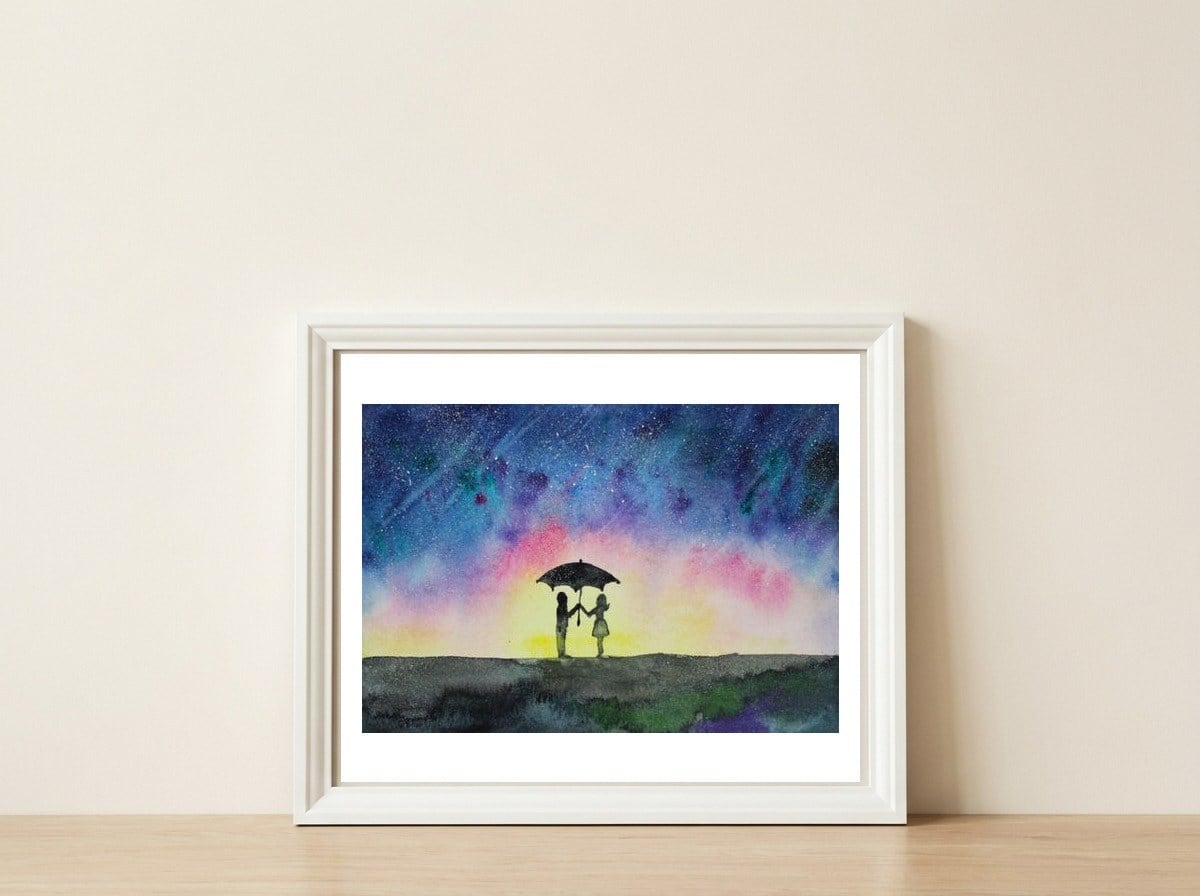 Under the star rain || watercolor — framed, leaning against the wall