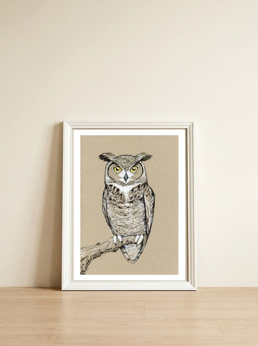  Great horned owl — framed, leaning against the wall