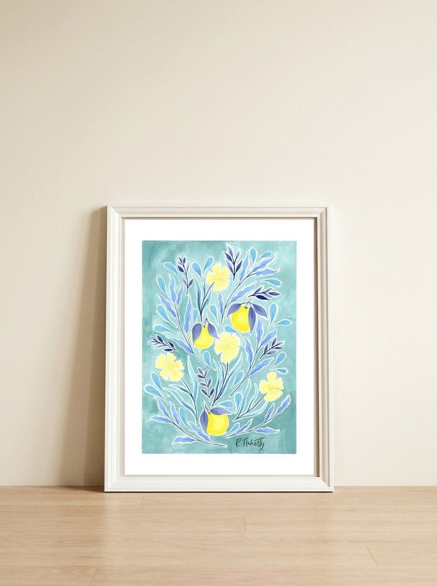 Wild Orange Floral | Lemon & Duck Egg Blue — framed, leaning against the wall