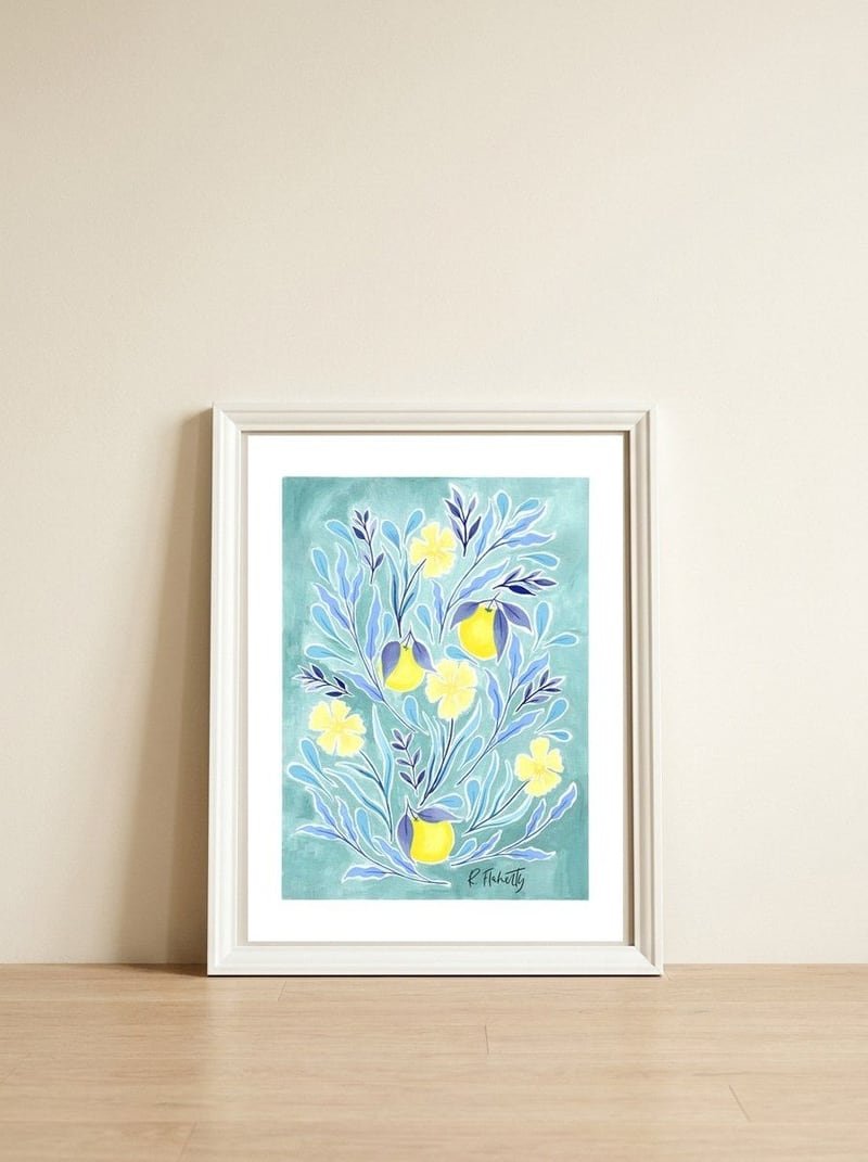 Wild Orange Floral | Lemon & Duck Egg Blue — framed, leaning against the wall