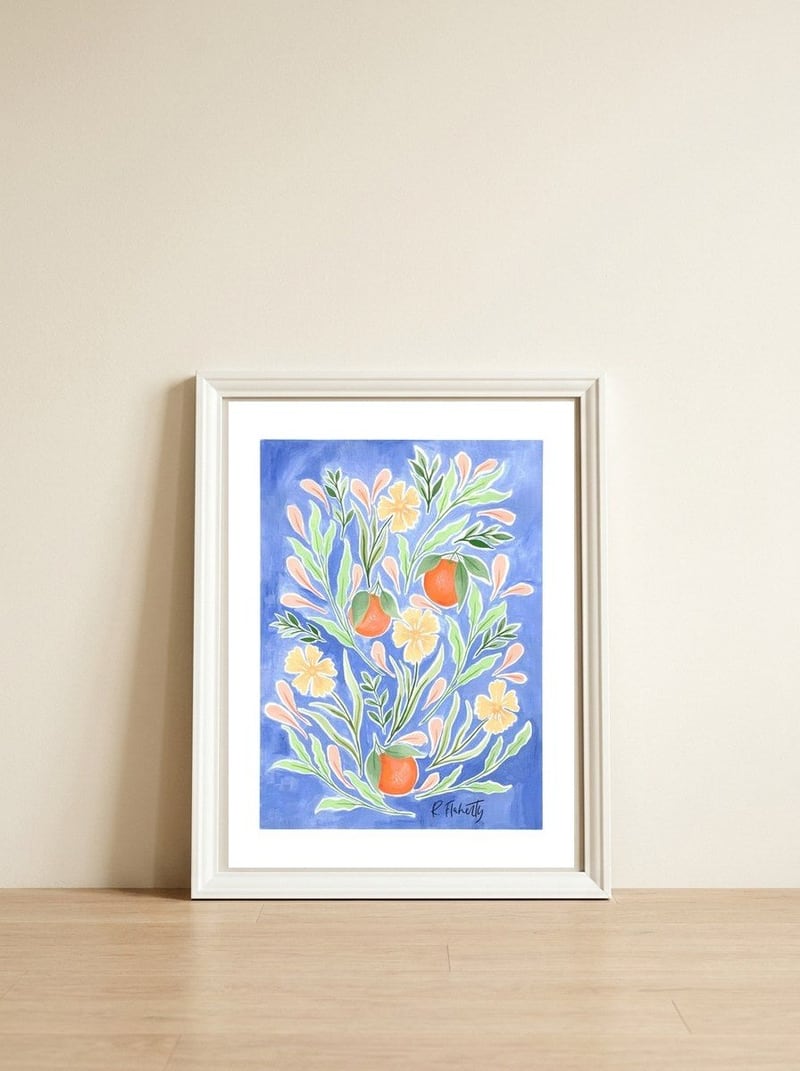Wild Orange FLoral | Cobalt Blue — framed, leaning against the wall