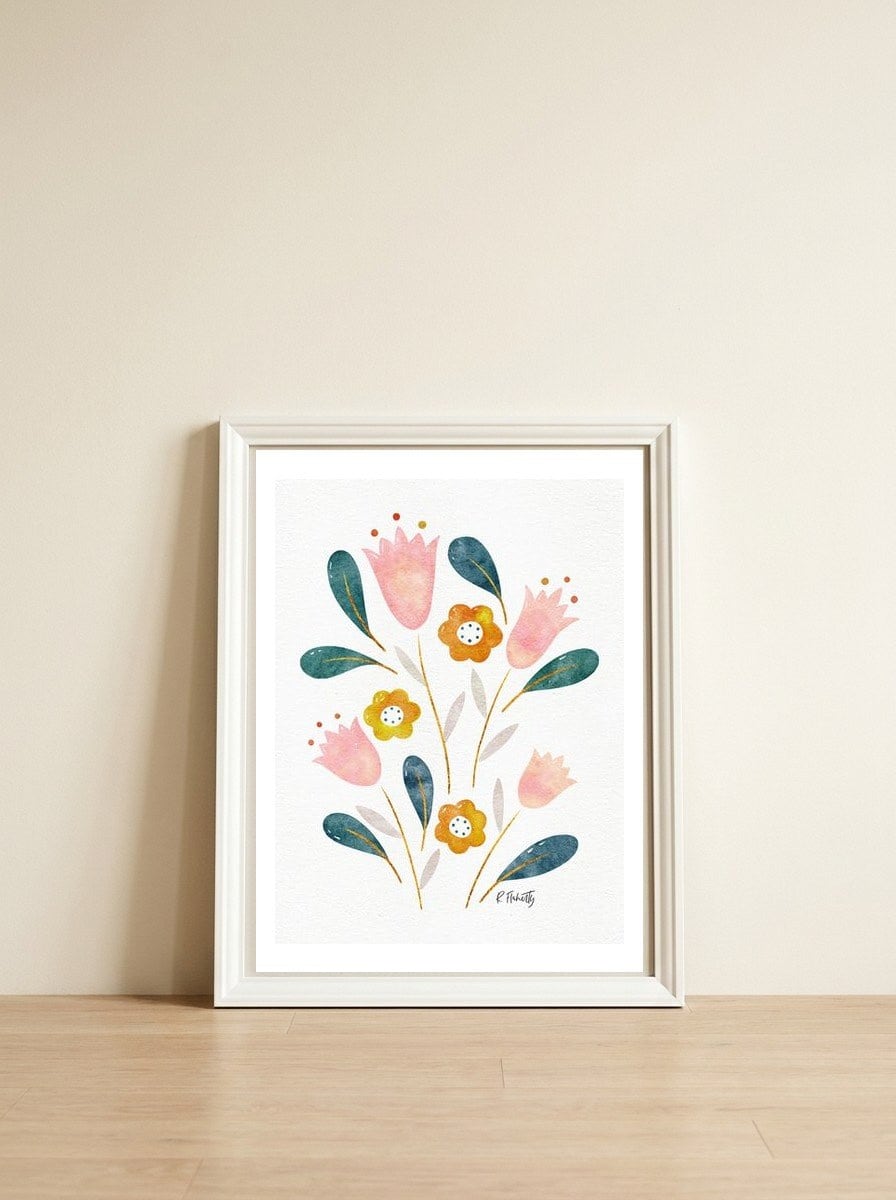 Watercolour Tulips — framed, leaning against the wall