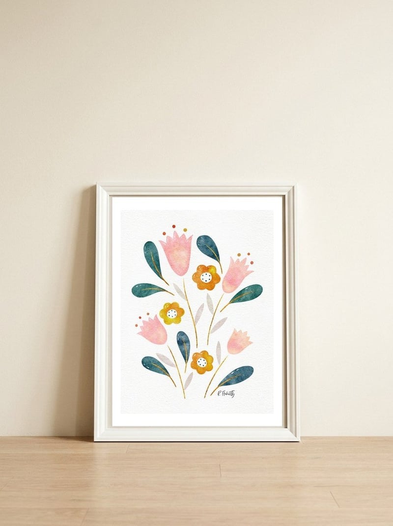 Watercolour Tulips — framed, leaning against the wall