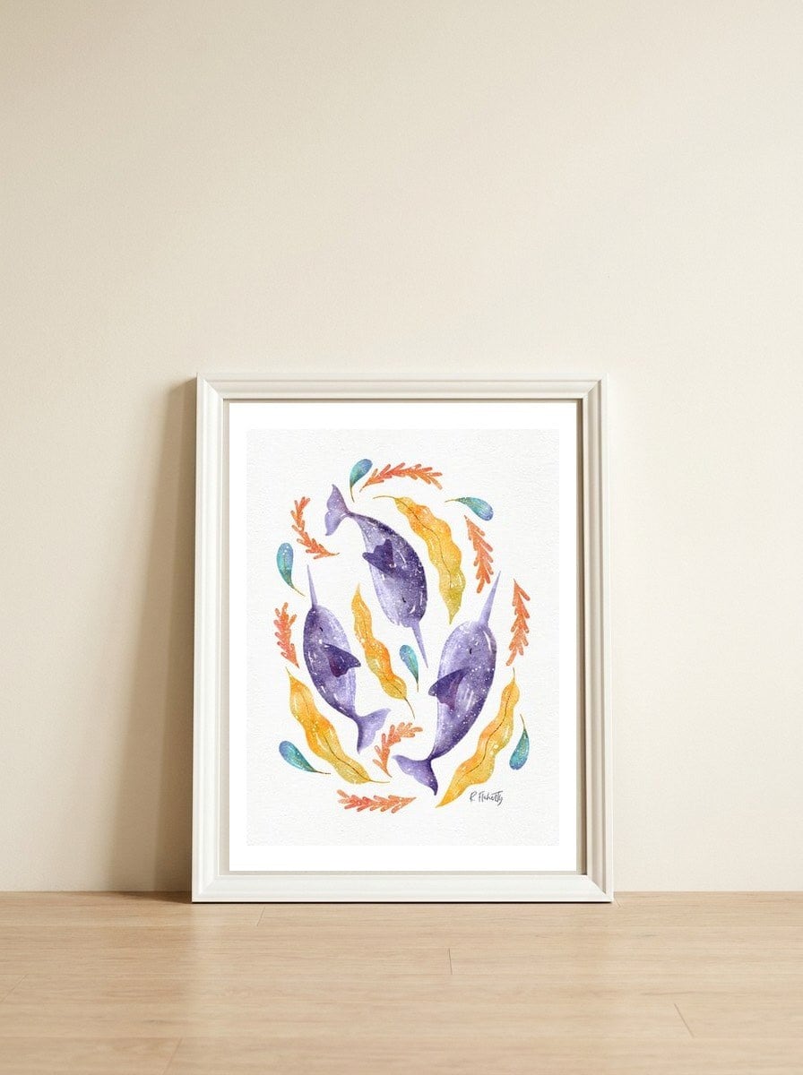Swirling Narwhals | Purple — framed, leaning against the wall