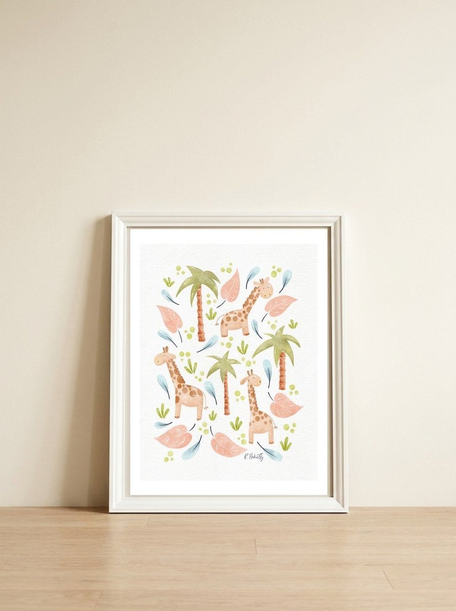 Jungle Giraffes | Pastel — framed, leaning against the wall