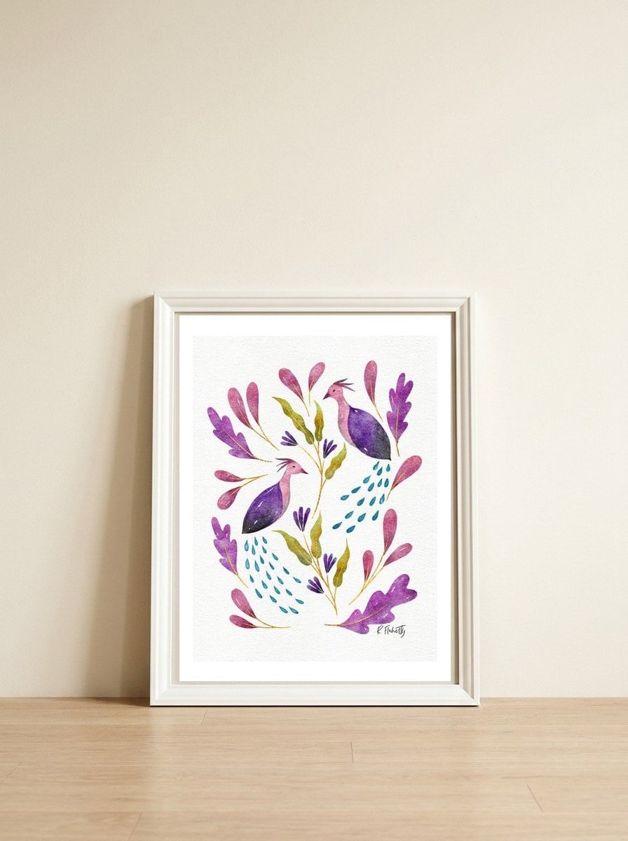 Folk Art Peacocks Purple — framed, leaning against the wall
