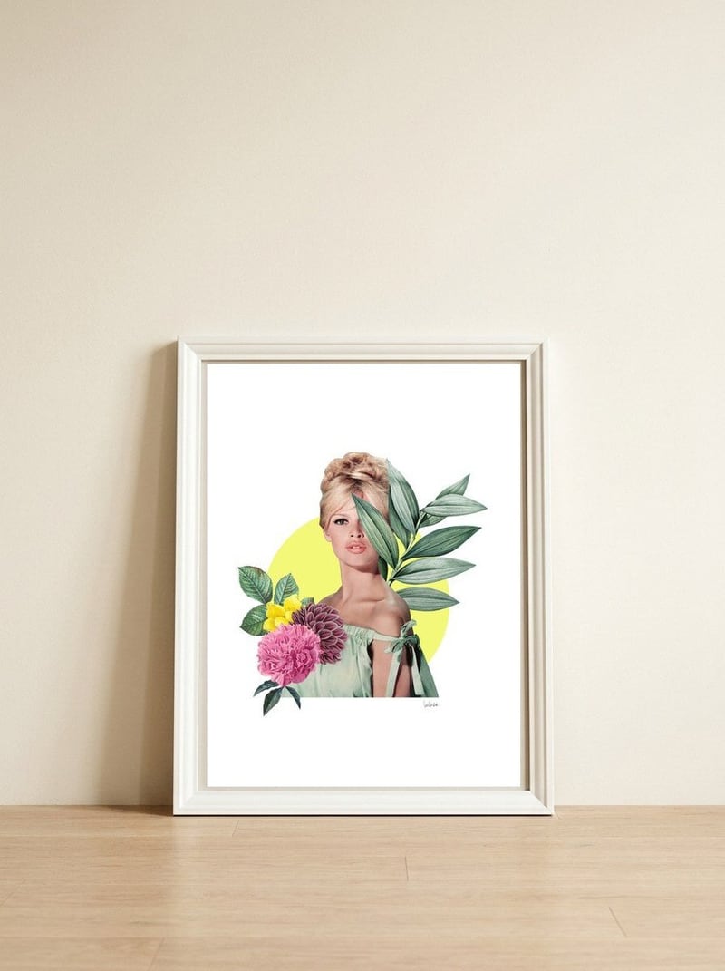 Brigitte Bardot Collage — framed, leaning against the wall