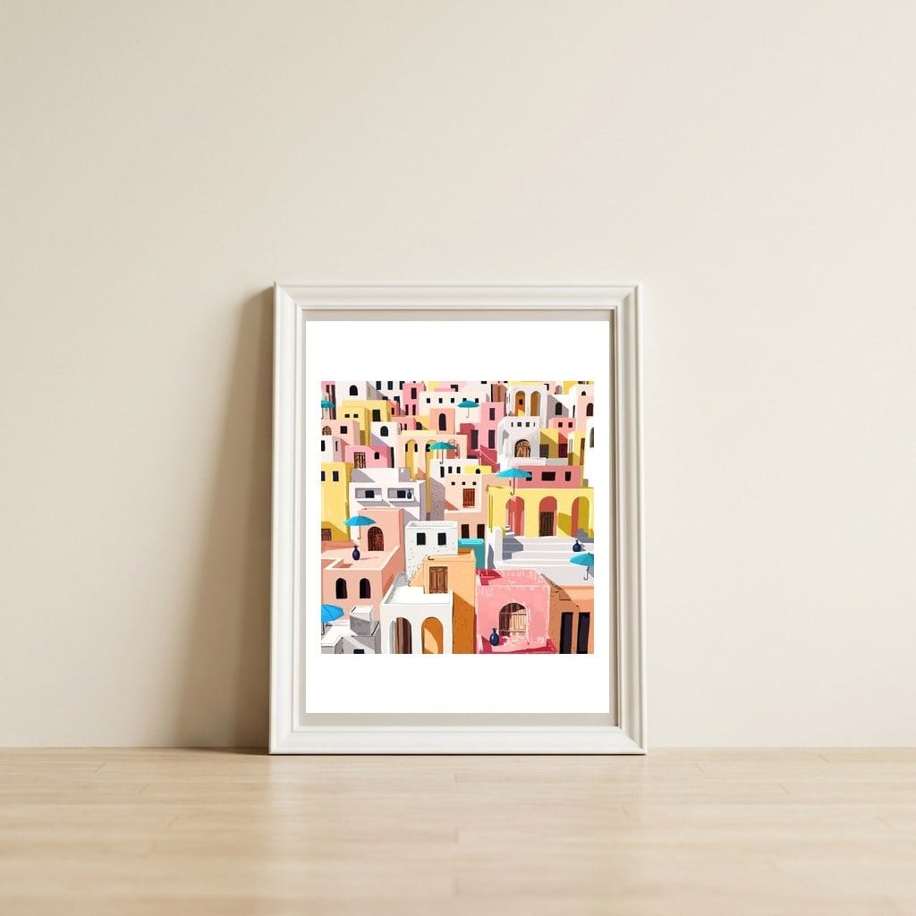 Pastel Cityscape — framed, leaning against the wall