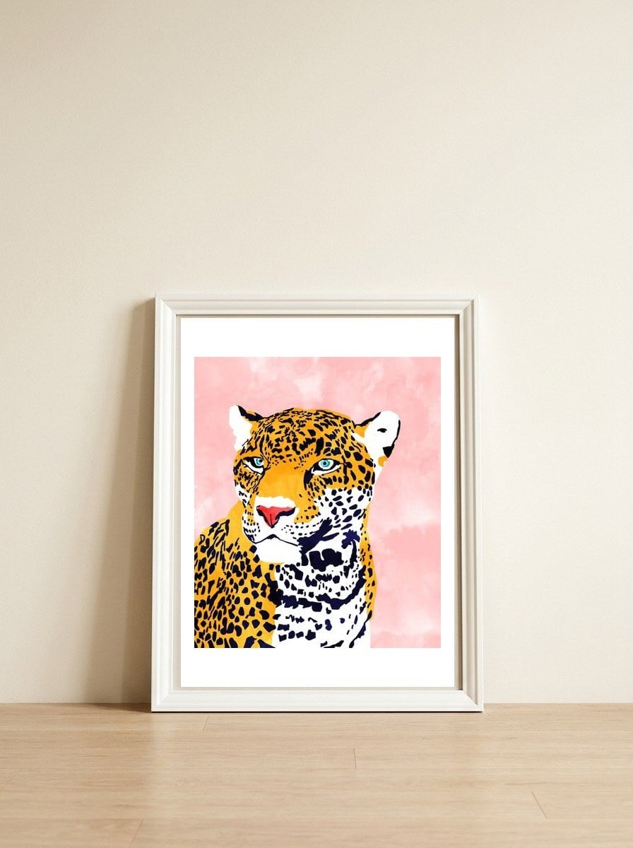 The Leopard Portrait — framed, leaning against the wall