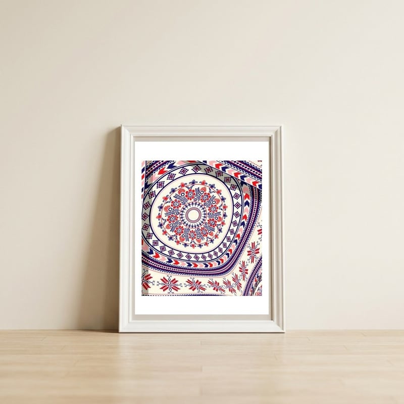 Romanian embroidery background 22 — framed, leaning against the wall