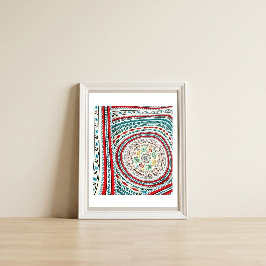 Romanian embroidery background 19 — framed, leaning against the wall