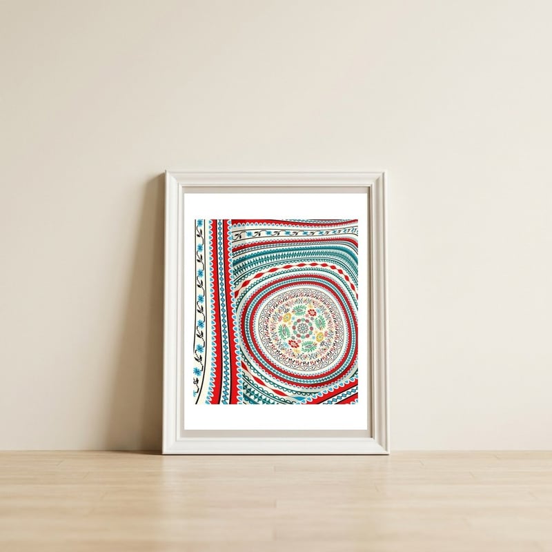 Romanian embroidery background 19 — framed, leaning against the wall