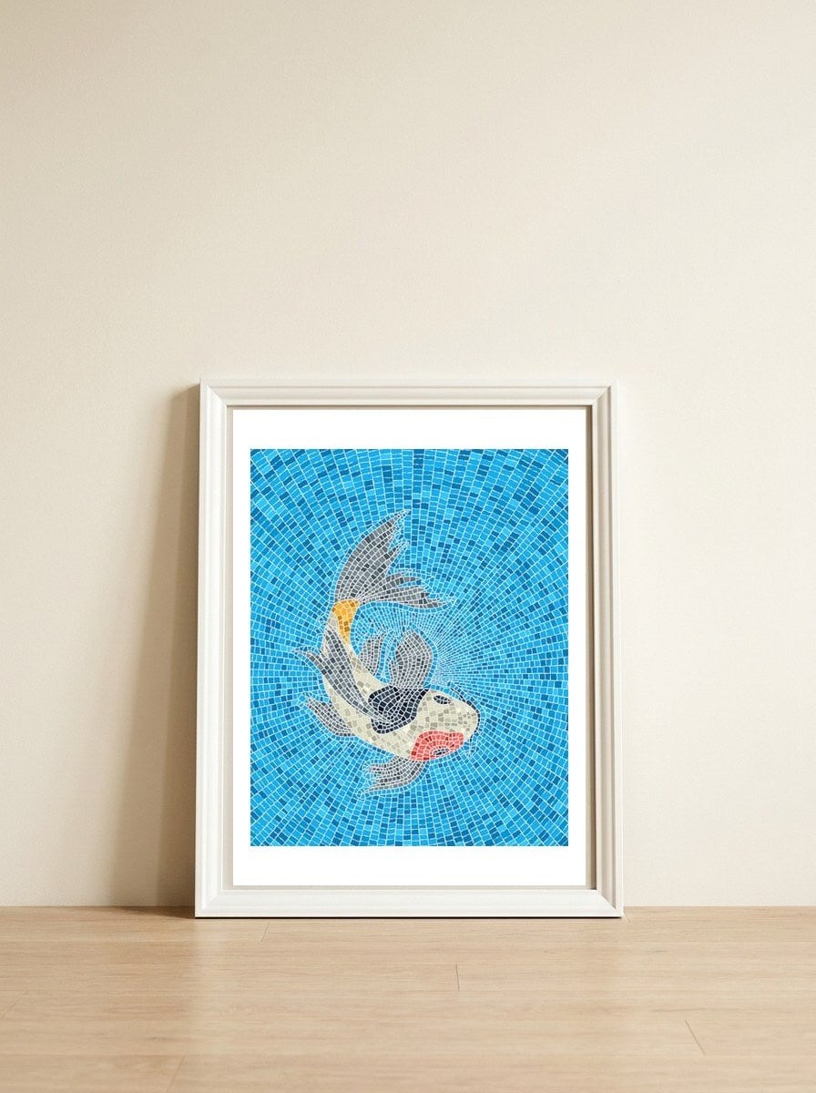 Koi art — framed, leaning against the wall