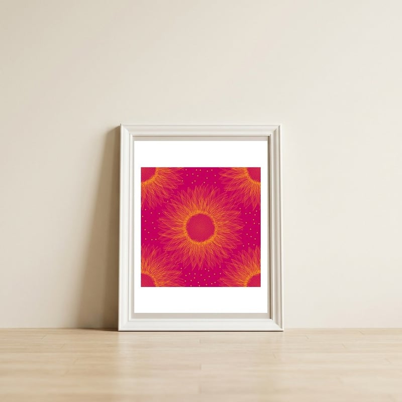 Sunflower — framed, leaning against the wall
