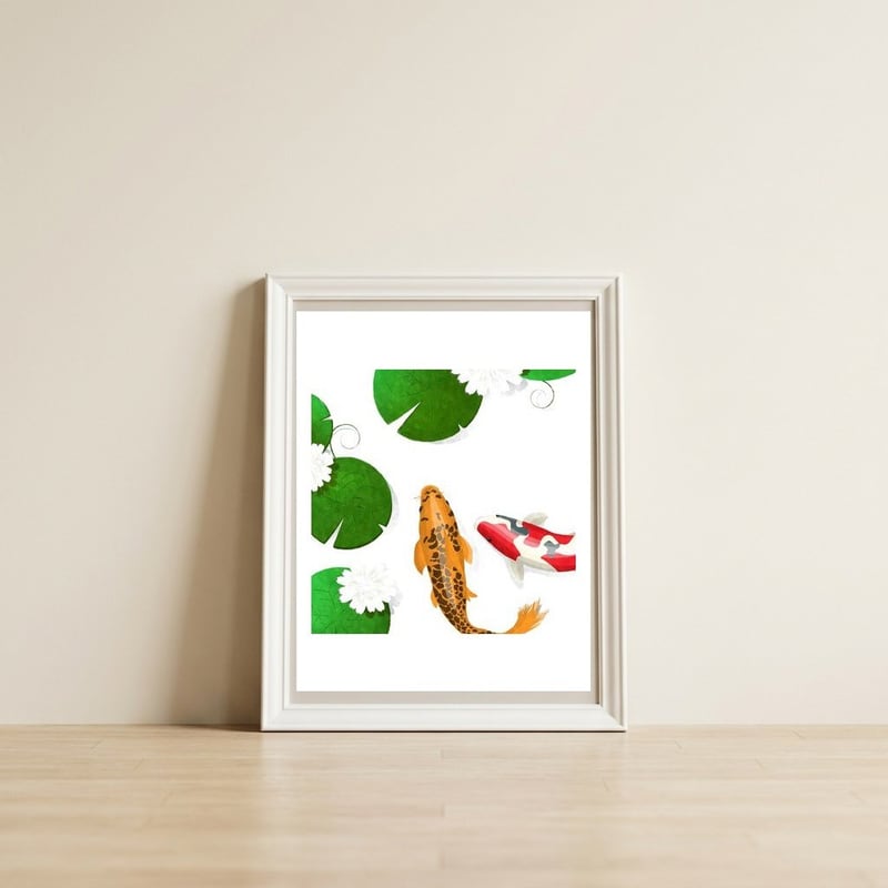 Koi fish background — framed, leaning against the wall