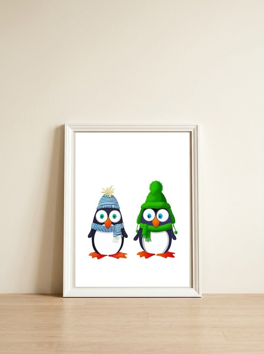 Winter Penguins — framed, leaning against the wall