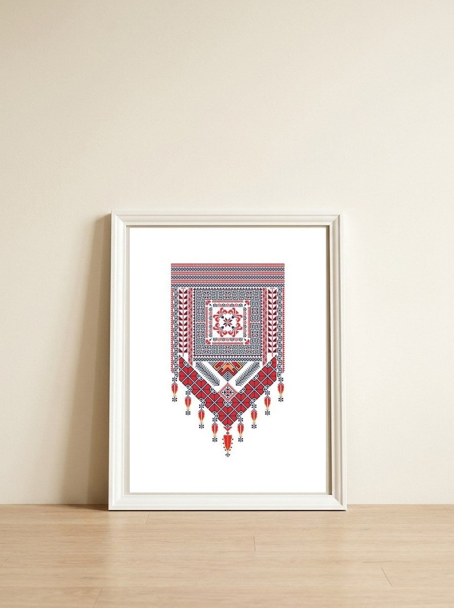 Tatreez Ornament 22 — framed, leaning against the wall