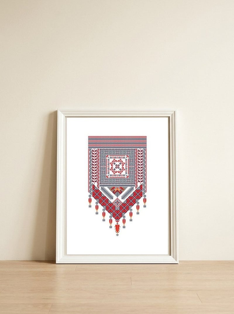 Tatreez Ornament 22 — framed, leaning against the wall