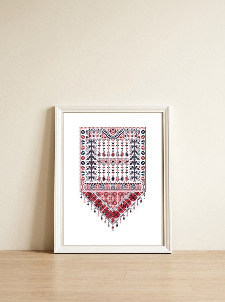 Tatreez Ornament 19 — framed, leaning against the wall