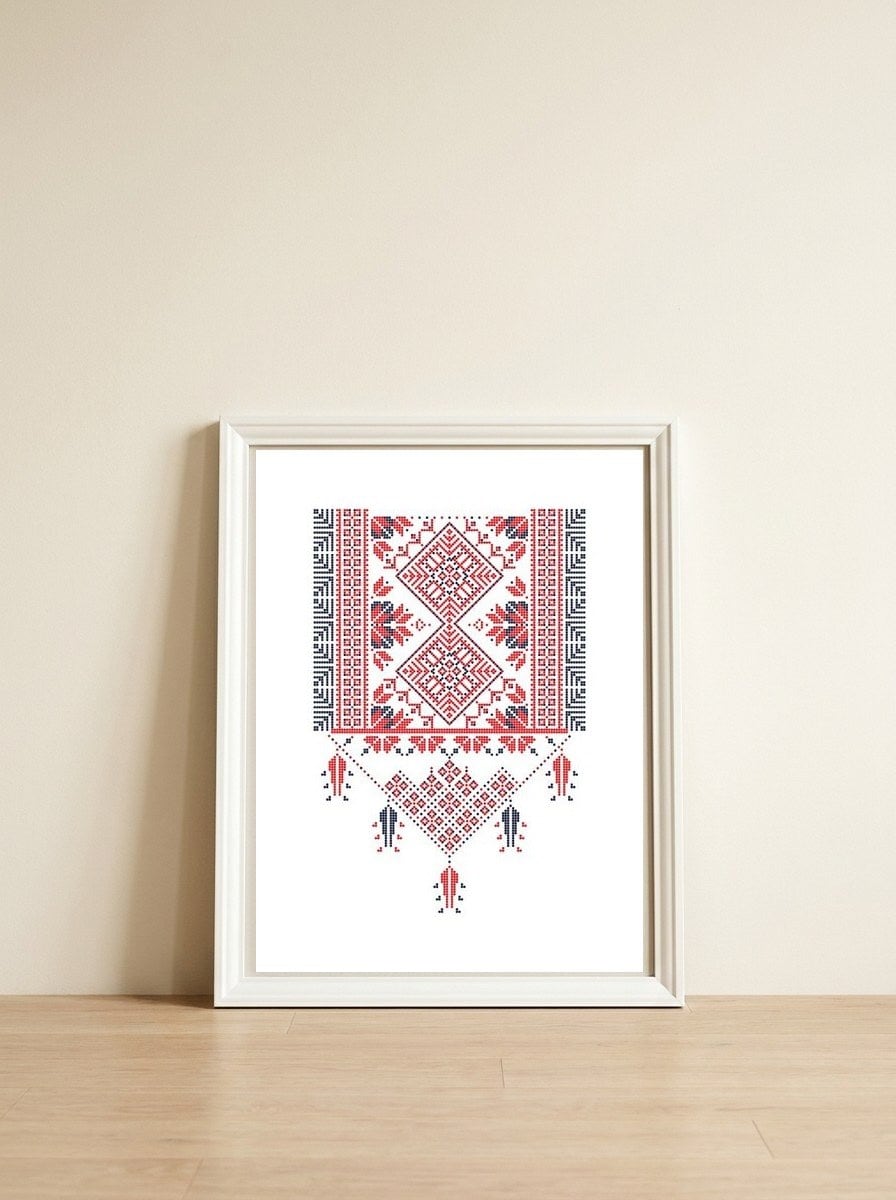 Tatreez Ornament 11 — framed, leaning against the wall