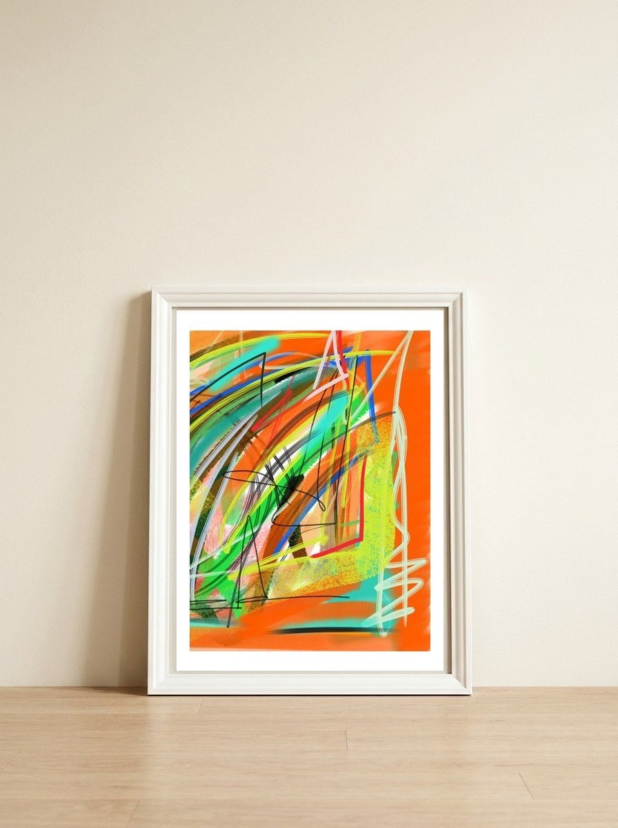 Emersions in orange and yellow 3 — framed, leaning against the wall