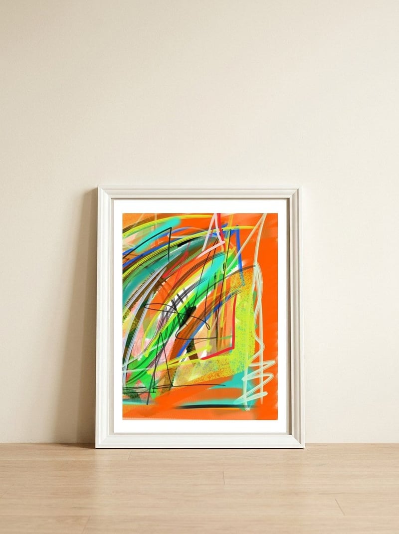 Emersions in orange and yellow 3 — framed, leaning against the wall