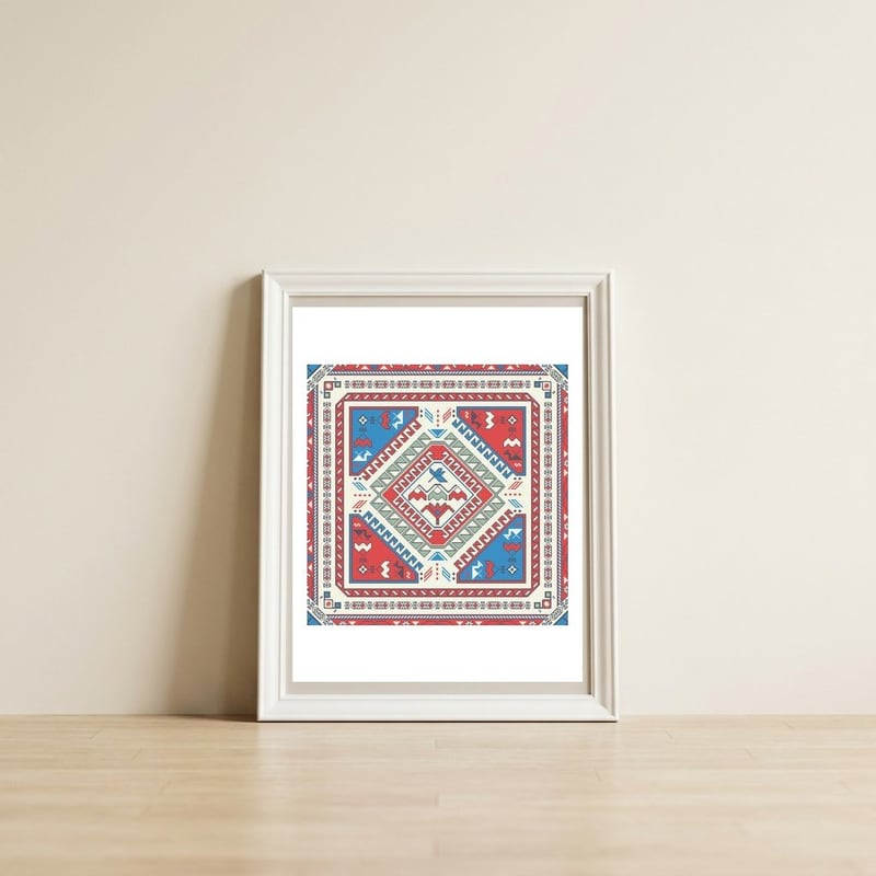 Georgian rug 1 — framed, leaning against the wall