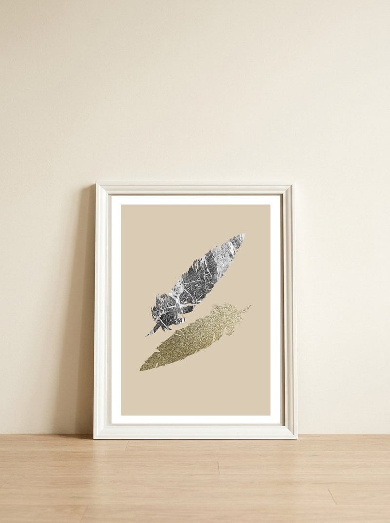 piuma oro — framed, leaning against the wall